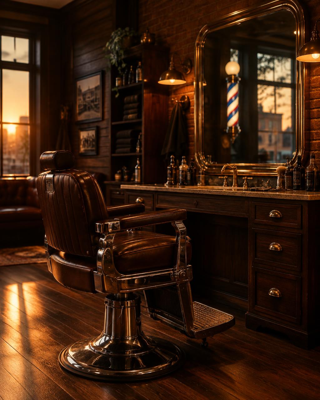 Inside Hair By Henry — vintage leather barber chair in warm light